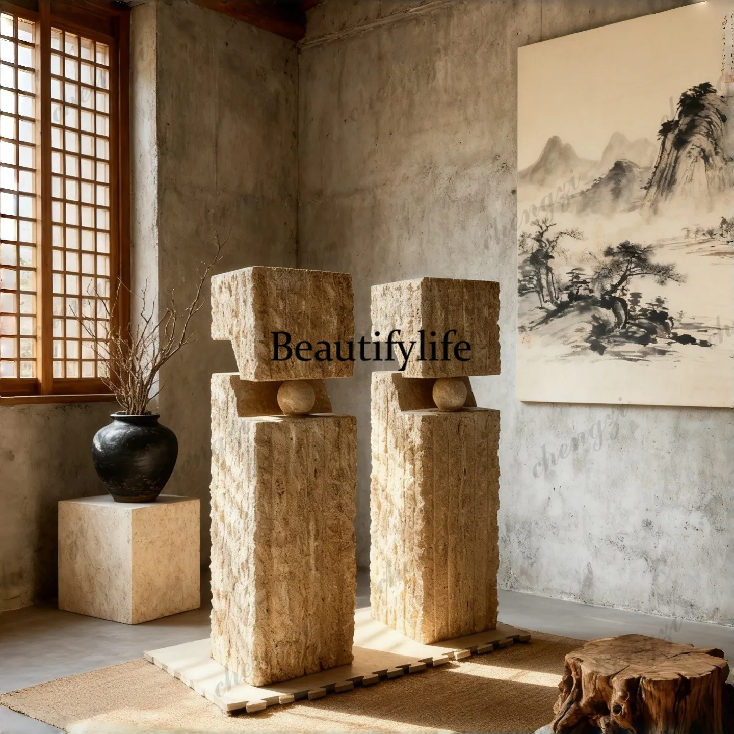 Qiji natural travertine marble stone decorative floor ornament sculpture base pier display stand