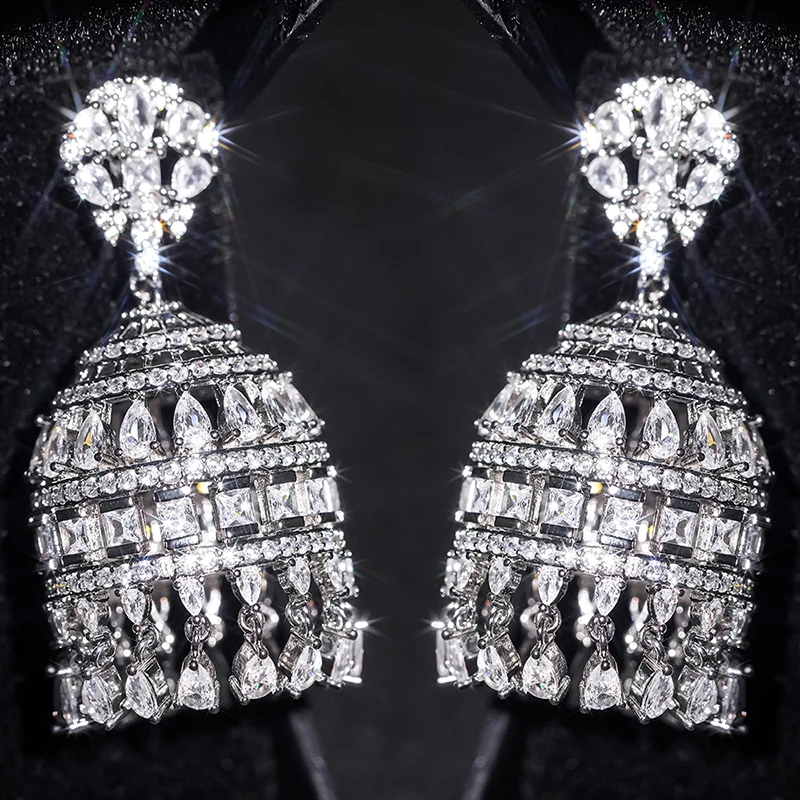 Huitan Silver Color Women Drop Earrings Chime Design Party Daily Hyperbole Accessories Inlaid Shining CZ Luxury Charming Jewelry