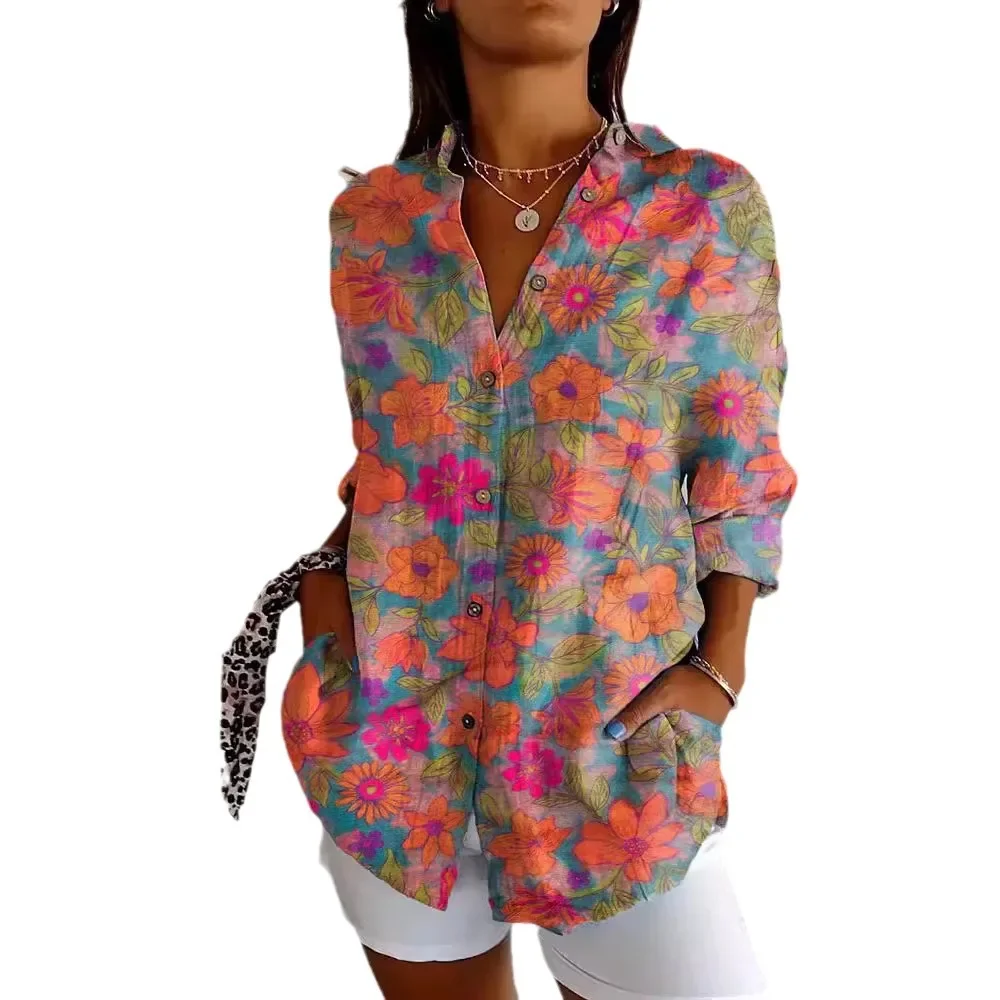 2024 New Women\'s Shirt Summer European and American Trendy Long Sleeve Shirt Printed 3D Shirt Flower Pattern