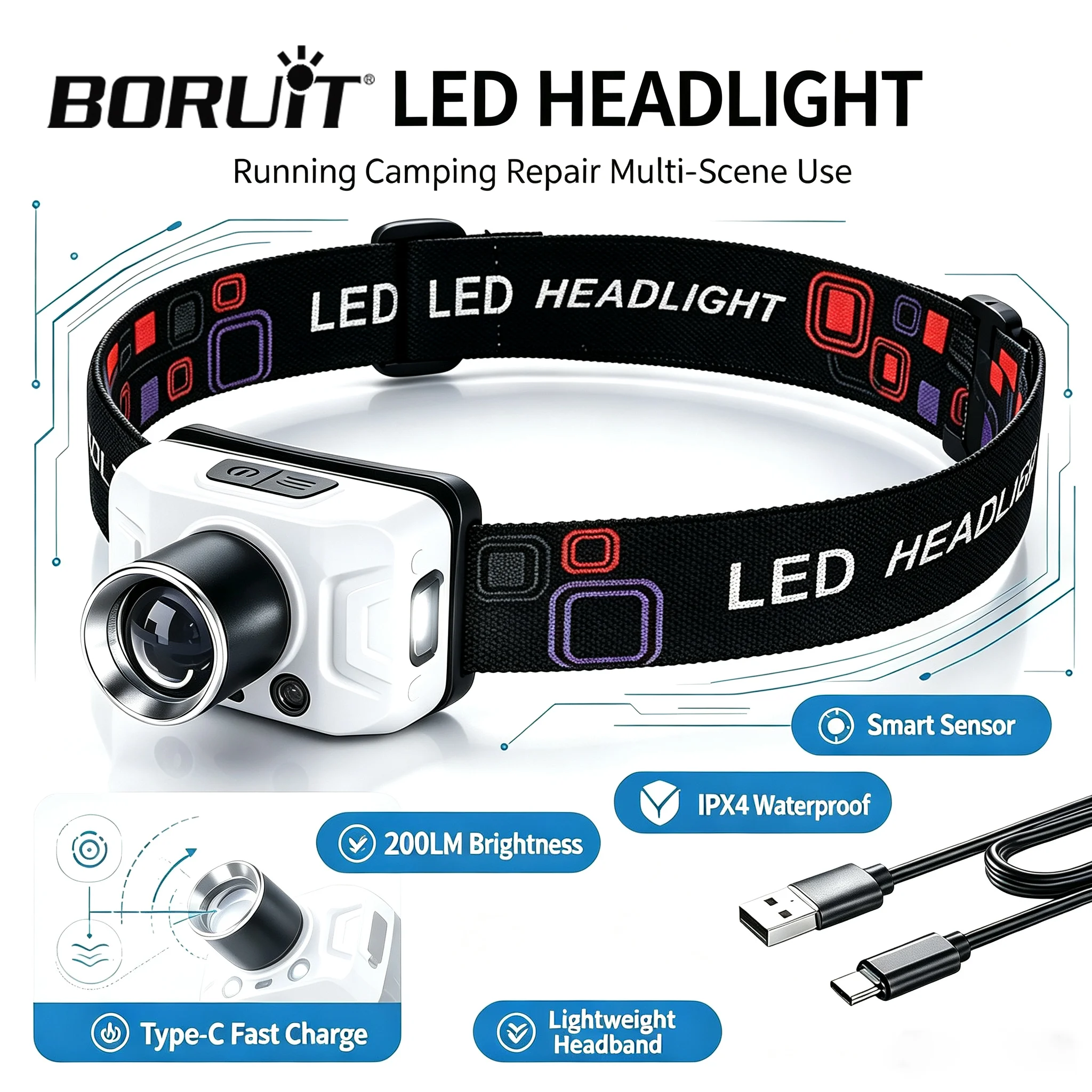 BORUiT 3 Lighting Modes Retractable Zoom 200LM LED Headlamp Wave Sensor Type-C Rechargeable Waterproof Portable Hiking Headlight