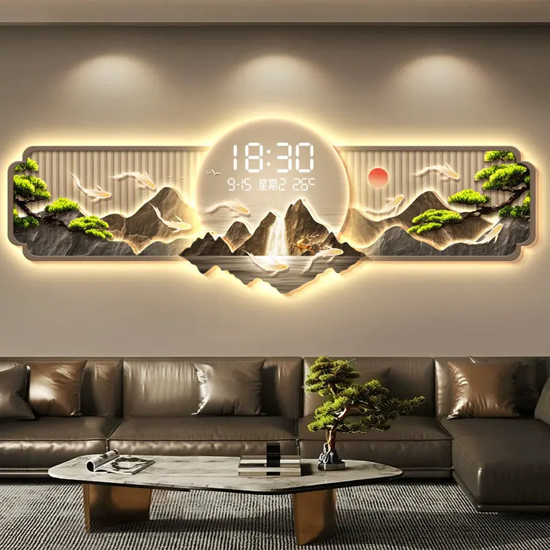 Living Room Electronic Clock Decorative Painting LED Wall Lamp Painting Sofa Background High-End Landscape Painting Wall clock