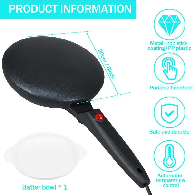 Automatic Pancake Maker Machine 600W Handheld Bake Pan Pancake Maker 7.87 In Non-stick Electric Pancake Pan Thermostatic Control