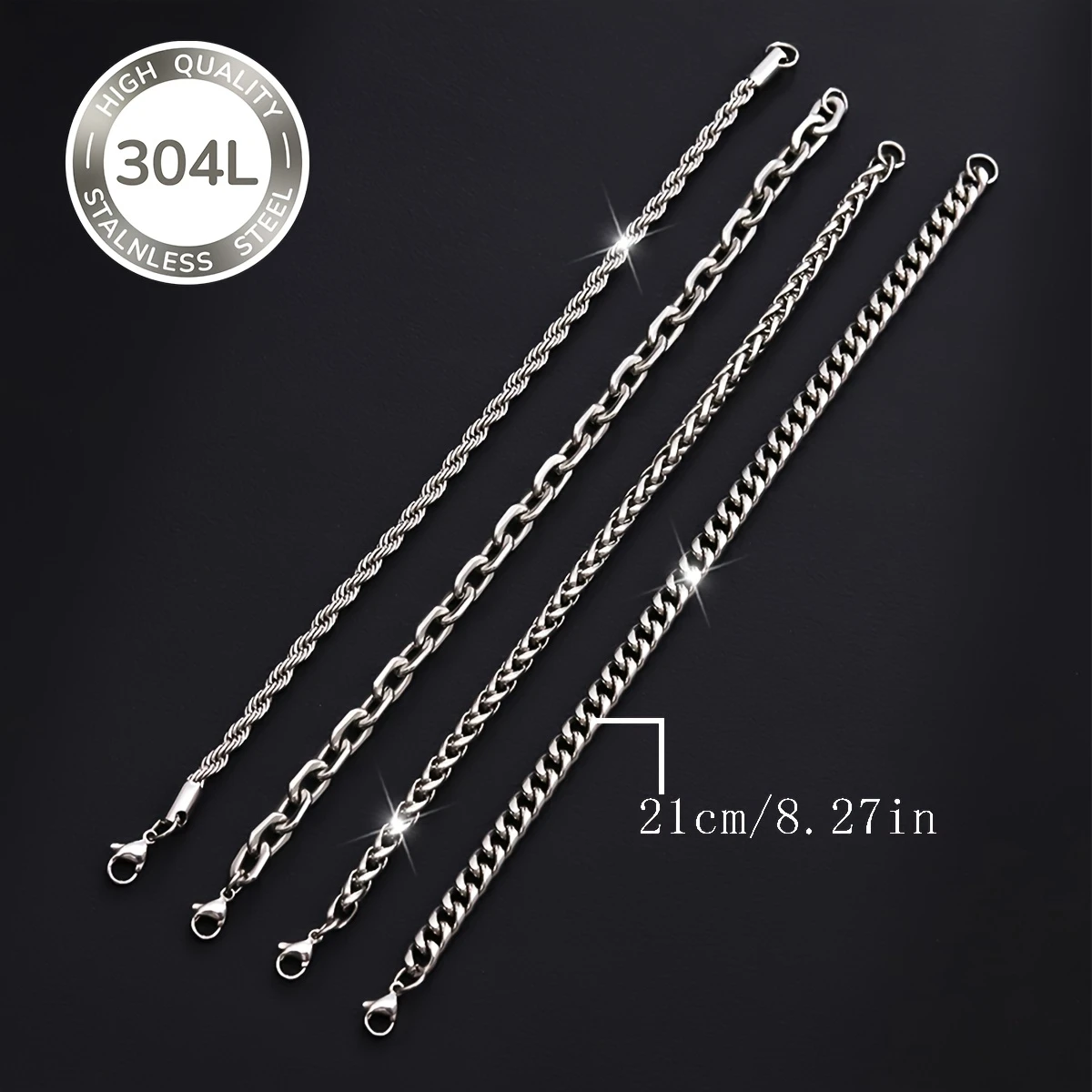 4-Piece Set of 304L Stainless Steel Bracelets, Twist Chain and Cuban Chain, Waterproof and Non-Fading, Men's Jewelry Set, Fashionable Accessories, Suitable for Daily Wear, an Excellent Choice for Holiday and Birthday G