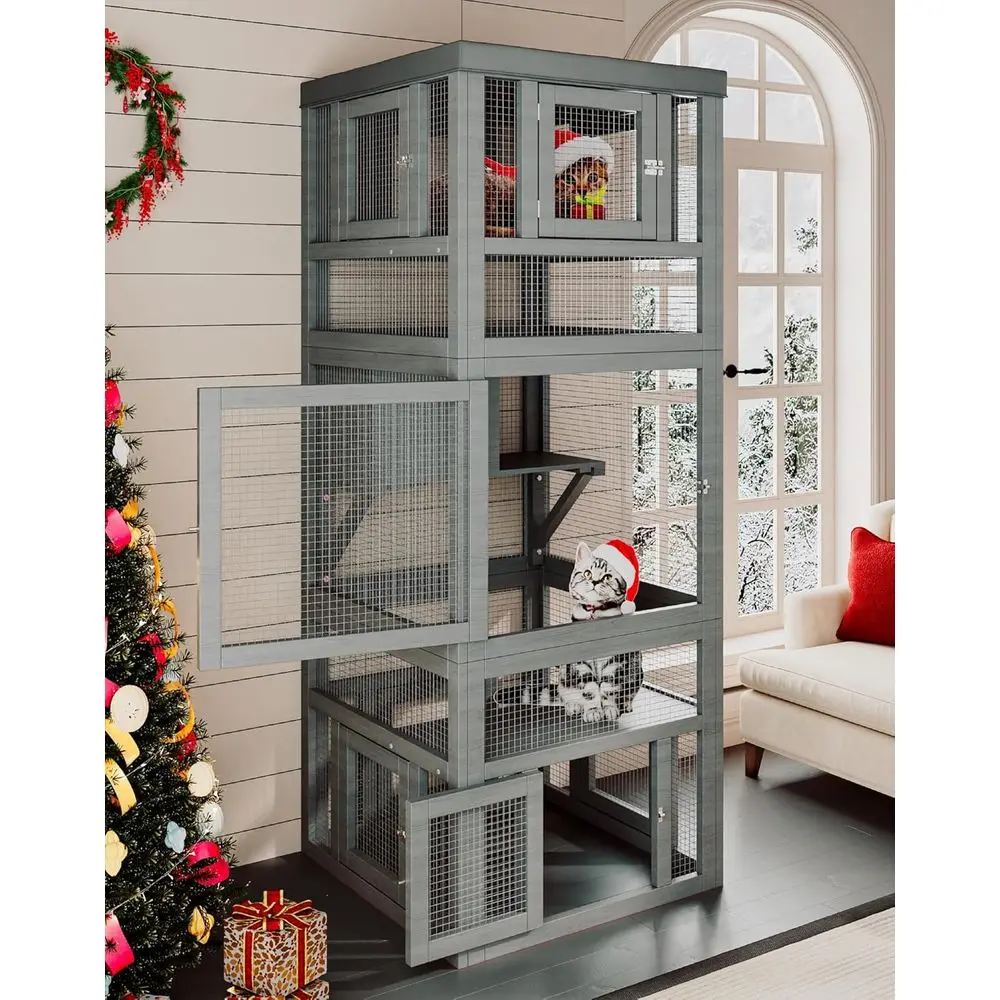 

Крытый кошачий шкаф, 3-х ярусный с платформой, ящик для отдыха и 8 съемными дверцами, соединяется с туннелем для кошек, роскошная игровая площадка с