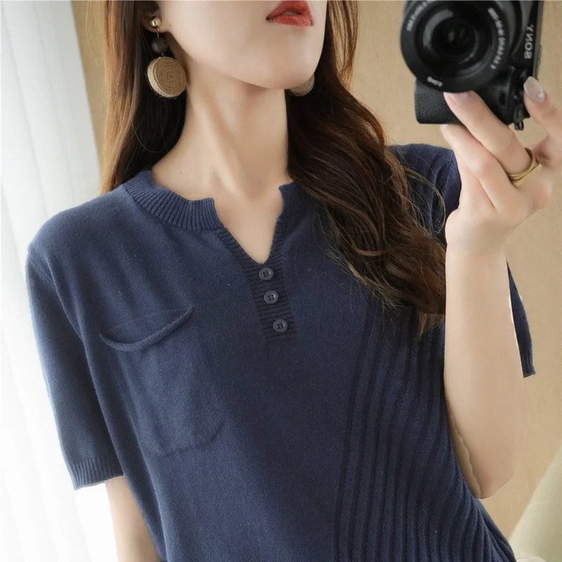 Women\'s T-Shirt Summer 100% Cotton Sweater Short Sleeve Solid Color V-Neck Ladies Tops Loose Blouse Basic Pullover Tees Pocket