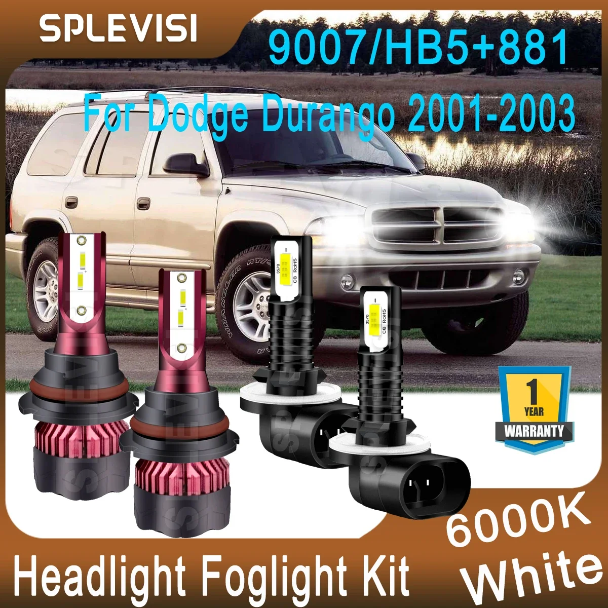 

LED Car Lights Combo 6000K White For Dodge Durango 2001 2002 2003 LED Headlight Hi Low Beam Foglight 9007/HB5+881 Kit Plug&Play