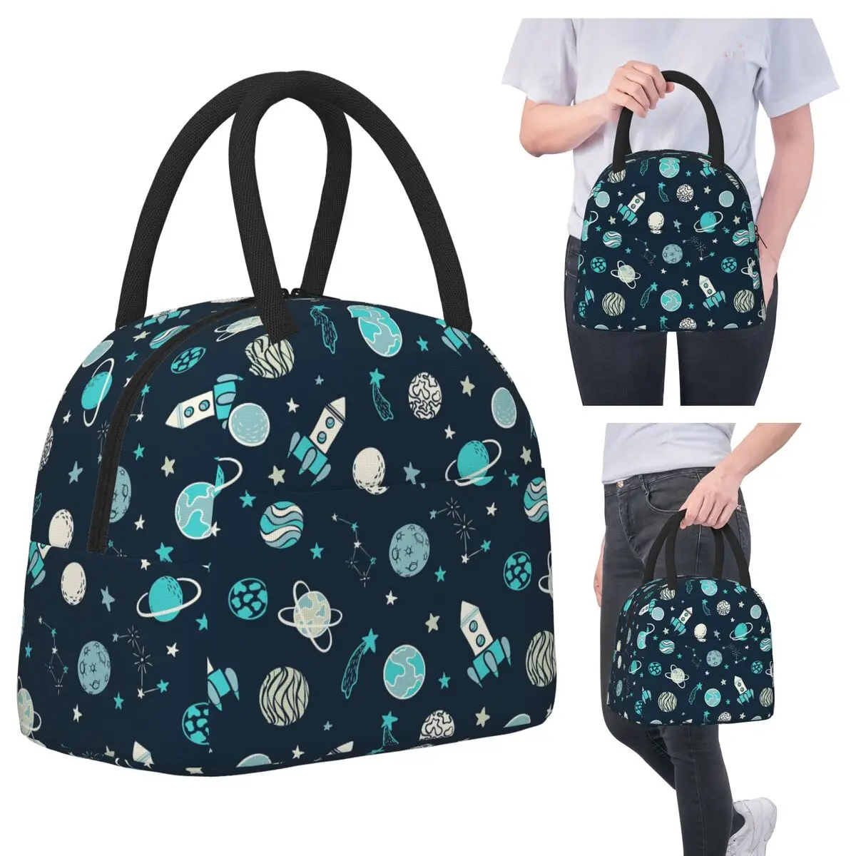 

Cartoon Space Rocket Planets Stars Insulated Lunch Bag for Women Office Cooler Thermal Food Box Tote Portable Lunch Boxes