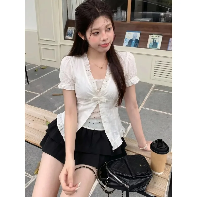 Korean Sweet Girl White Short Sleeve Bow Blouse Chic Black High Waist Ruffle Mini Skirt Casual Summer Beach Y2k Harajuku 2pcs