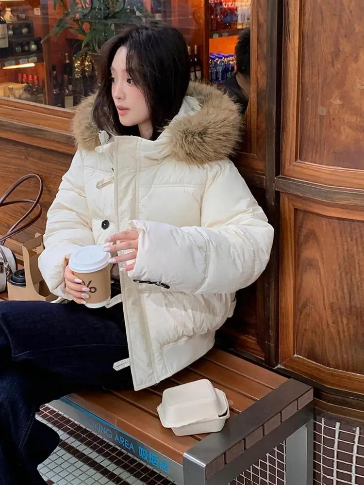 Piumino invernale con cappuccio da vacanza a maniche lunghe nero beige da donna kaki elegante giacca corta calda allentata monopetto semplicità