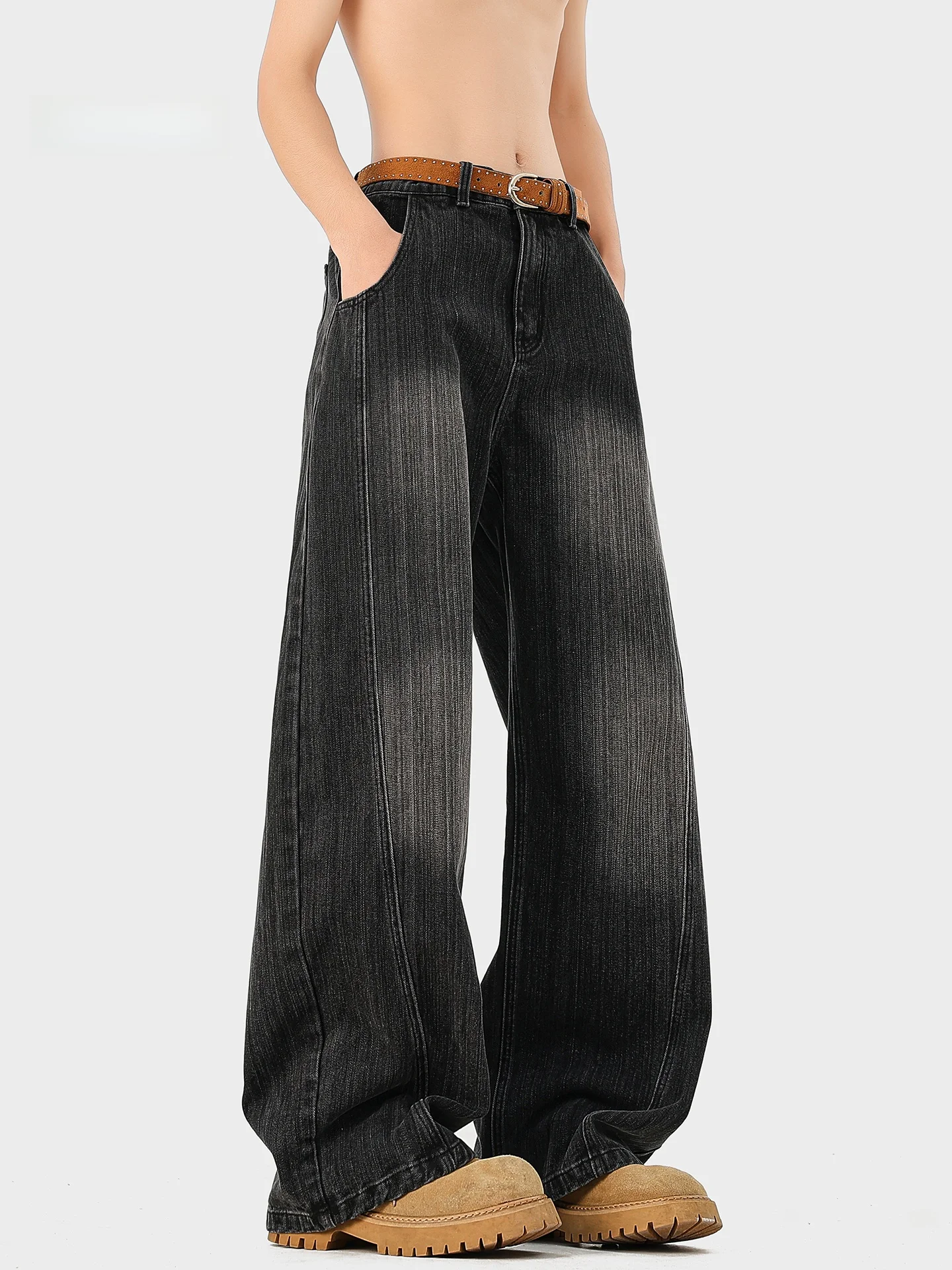 

American High Street Bamboo Texture Straight Leg Men's Jeans Autumn Winter Trendy Cleanfit Casual Wide Leg Pants