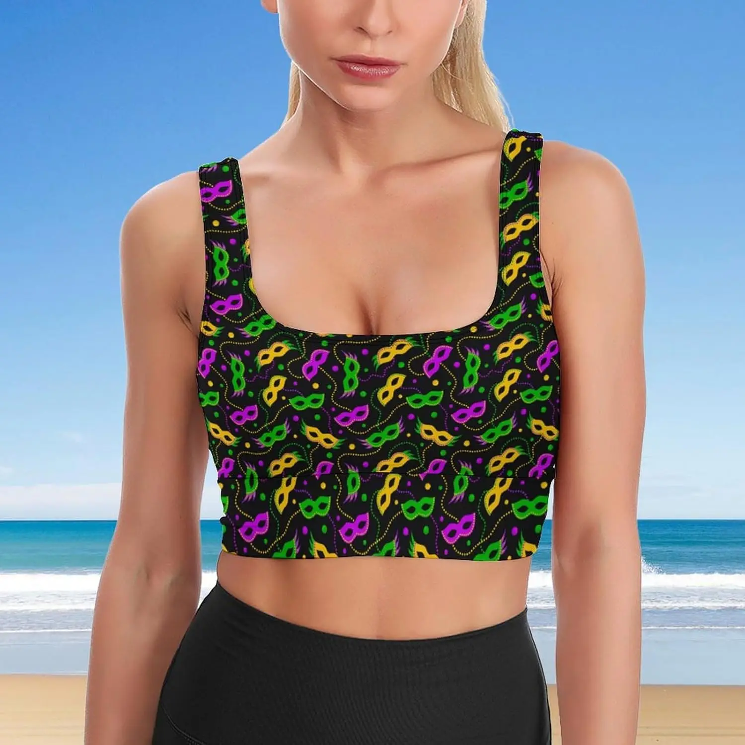 Women Mardi Gras Mask Tipe Pattern Bras Workout Yoga Tank Tops Dance Vest Ladies Racerback Running Bras with Padded