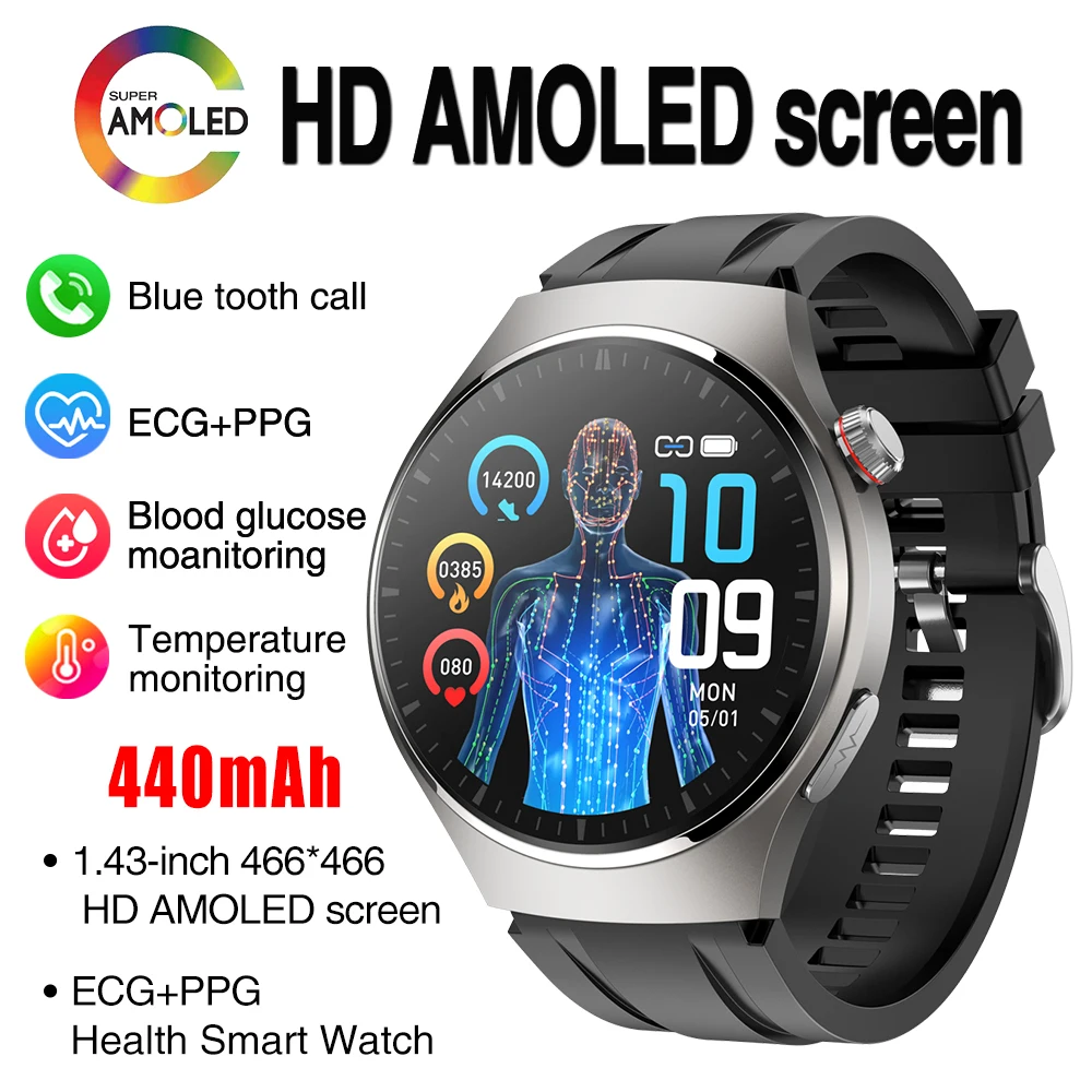 

High-end Health Smart Watches Men 1.43' AMOLED 466*466 Screen ECG+PPG Heart Rate Blue Tooth Call Smartwatch Waterproof Sports