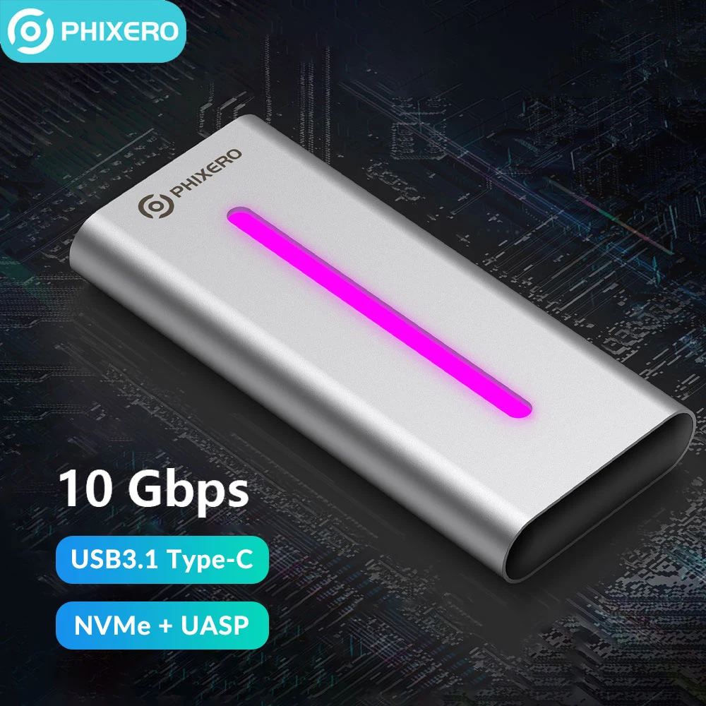 PHIXERO M.2 Nvme SSD External Hard Drive Case 10Gb M2 M-Key to USB 3.1 GEN2 Type-C Enclosure HD Disk House Storage Box RGB Cover