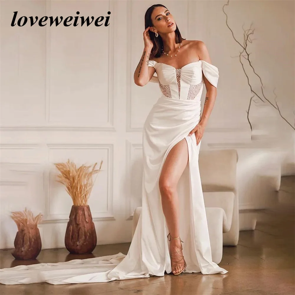 Satin Off Shoulder Wedding Dress V Neck Mermaid Beading Pleated Bridal Gowns Sexy High Slit Wedding Dresses Vestido De Novia