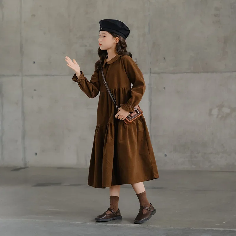 2024 New Corduroy Dress Teen Girl Autumn Winter Clothes Midi Flare Girl Dresses Children Girls Clothes Vestidos  6 To 16 Years