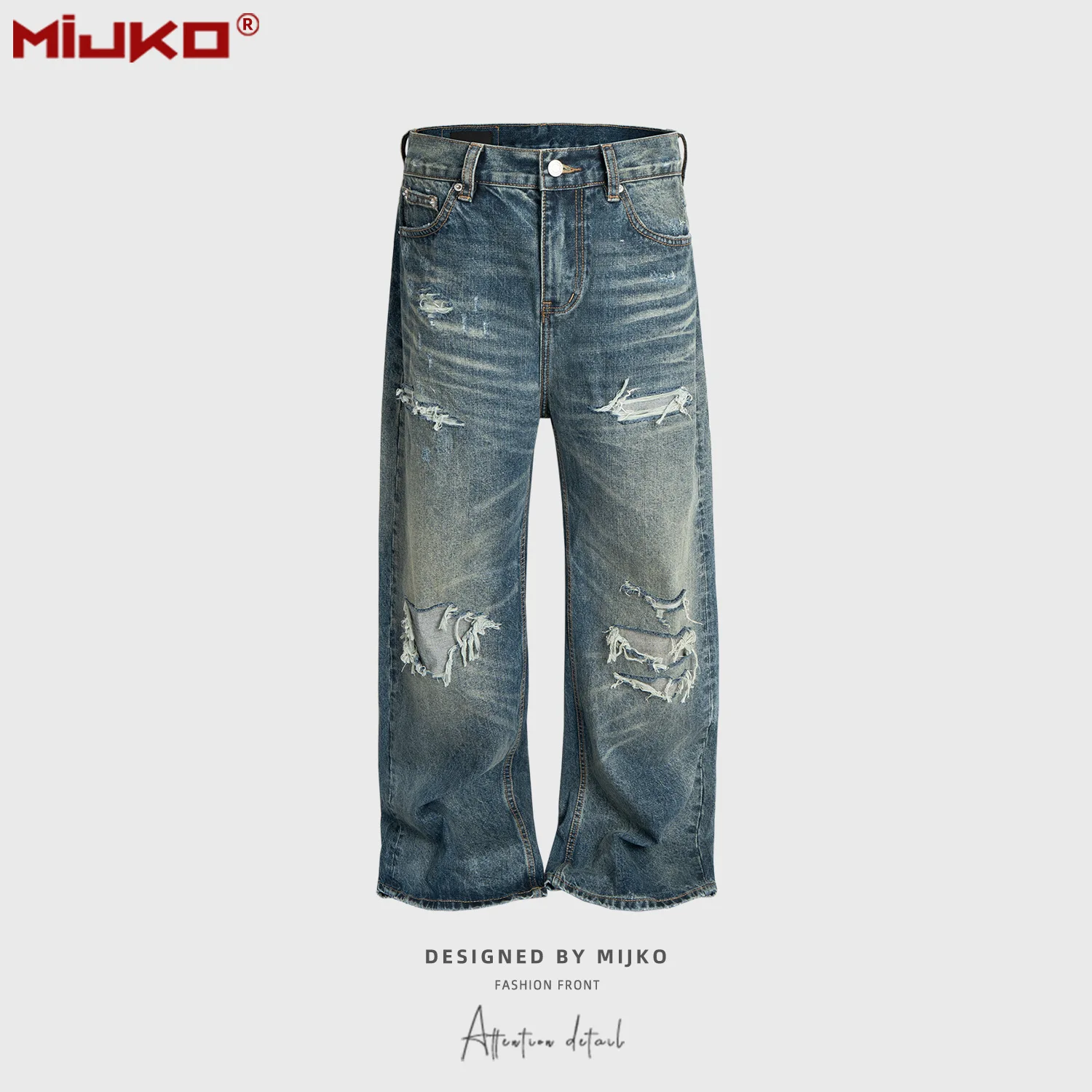 Unisex Retro Washed Aged Ripped Straight Leg Blue Jeans Torn Hole Z029#