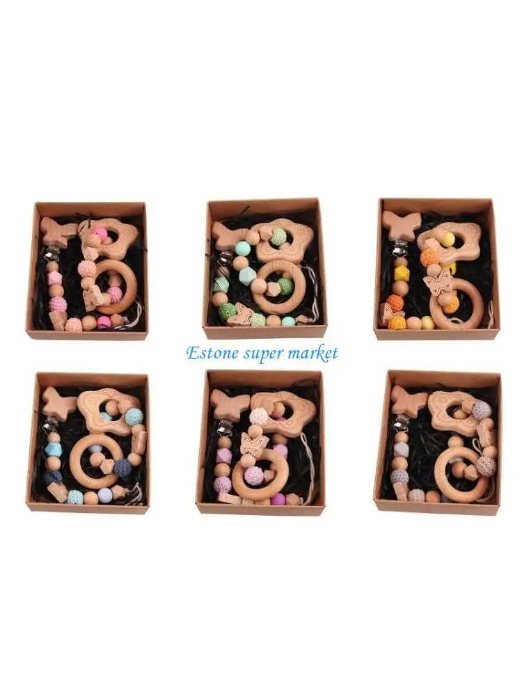 090B 2 Pcs Wooden Pacifier Chain Baby Teething Bracelet Montessori Teething Rings