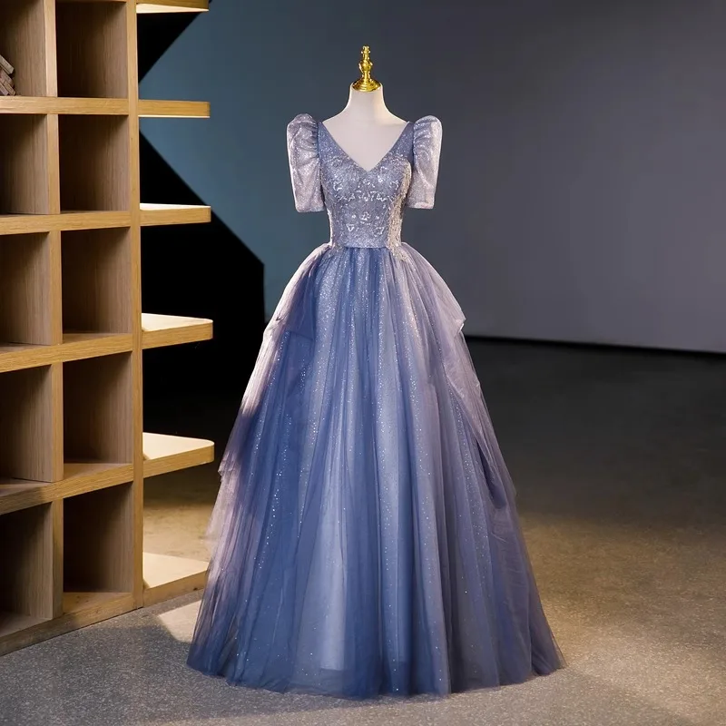 Verão novo longo lantejoulas com decote em v manga princesa grande vestido de noite moda banquete desempenho vocal desempenho arte exame vestido