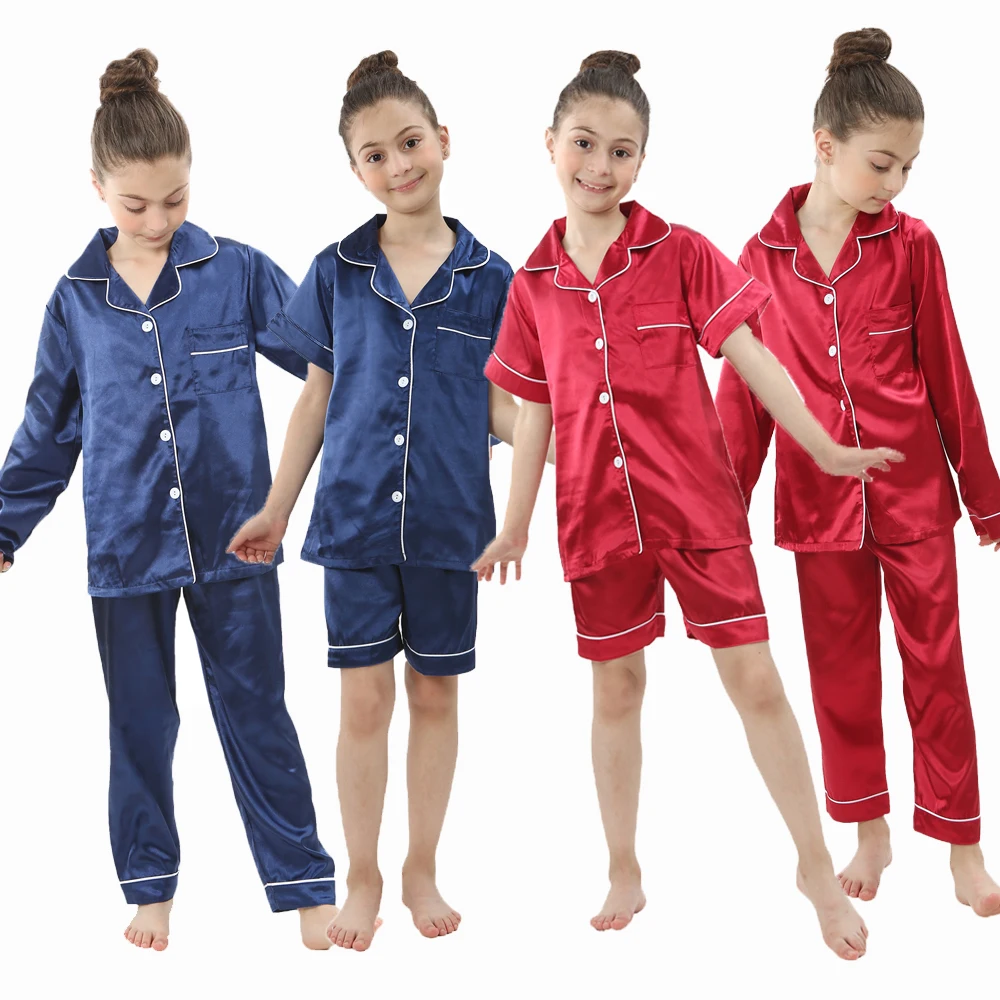 2024 girls silk satin home clothing baby sleepwear long and short sleeve pajamas set teenager loungewear children kids pijamas