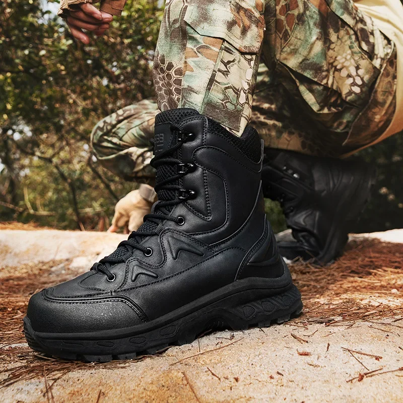 Combat boots, PU mesh fabric, mid cut, wear-resistant tactical boots, outdoor sports hiking shoes, hiking military boots