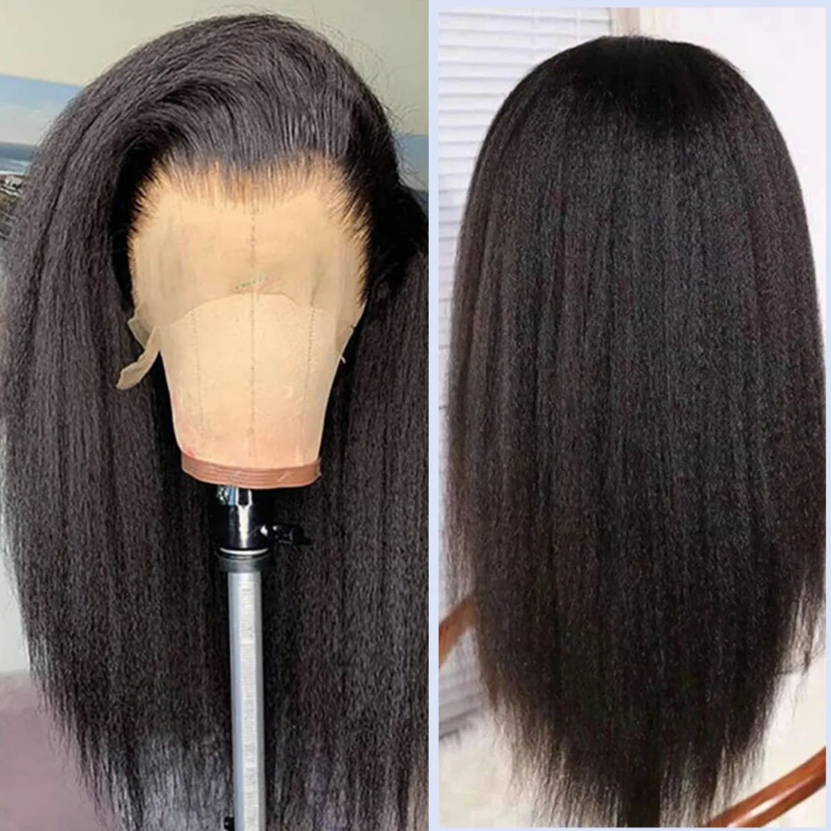 Transparente Kinky Straight Lace Front Perucas para Mulheres Negras, Yaki Cabelo Humano, Branqueado Frontal Perucas, Pré Arrancado, 13x4