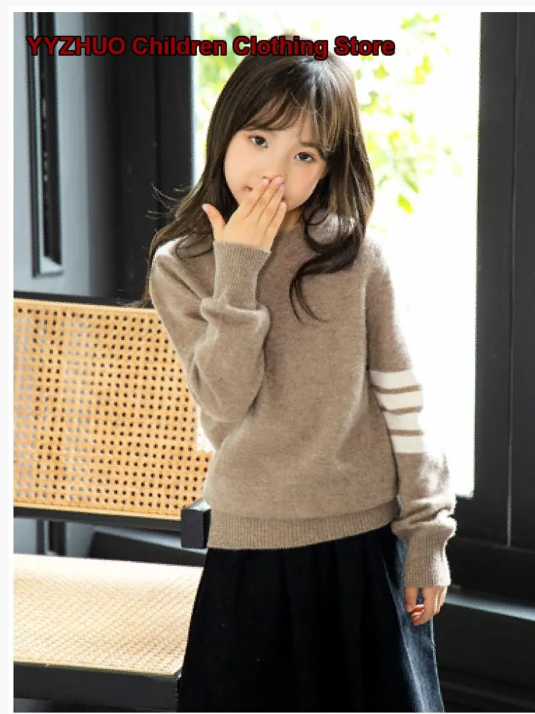 Boys Girls Autumn Winter Striped Pullover Sweater Round Neck Long Sleeves College Style Knit Top Kids