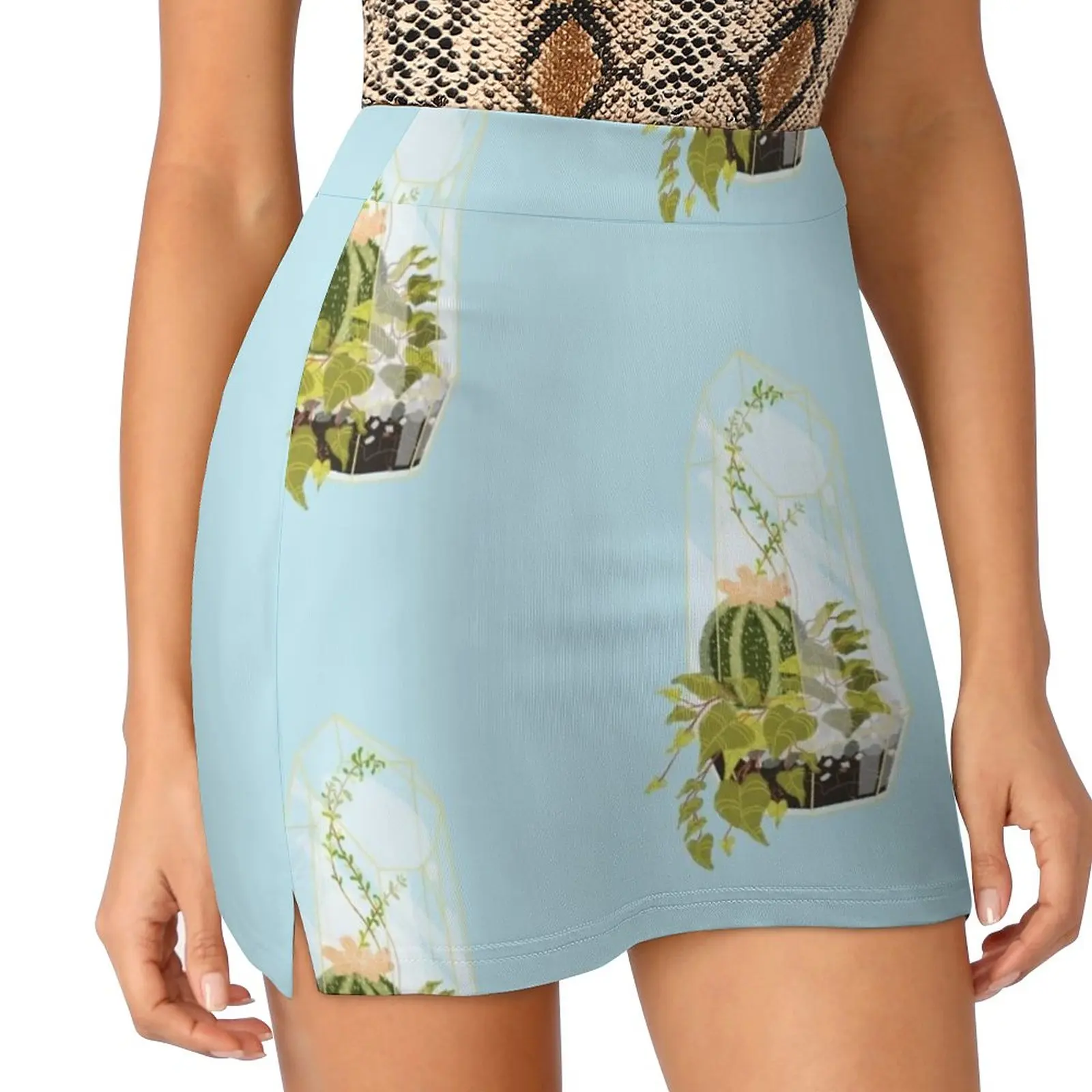 Blue Terrarium Women's skirt Mini Skirts A Line Skirt With Hide Pocket Terrarium Blue Calming Plants Cactus Cacti Cool Hipster