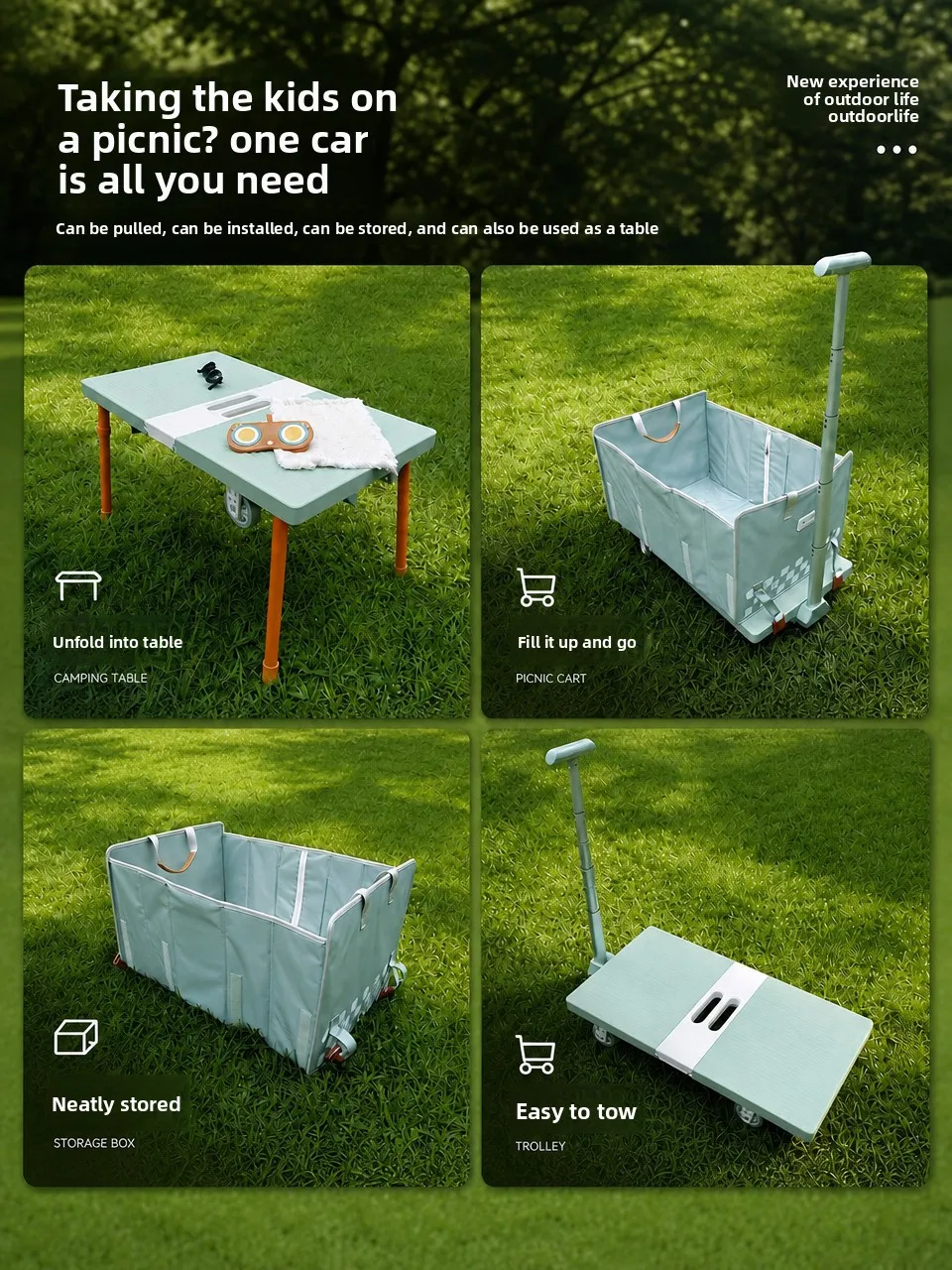 Outdoor Foldable Hand Wagon Multifunction Camping Picnic Cart Heavy Duty Wheeled Trolley for Beach Camping Garden Travel Storage