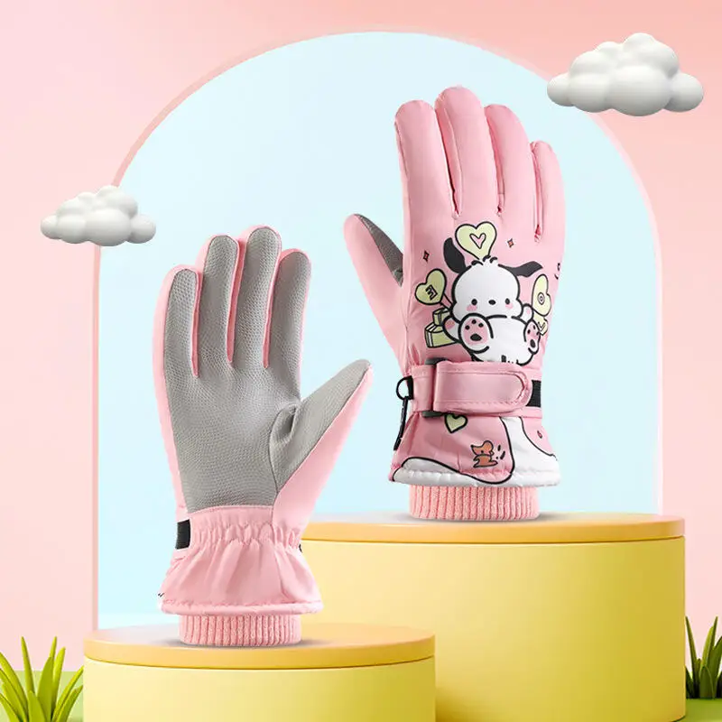 Kawaii Ski Gloves Kids Cartoon Pochacco Winter Warm Touch Screen Gloves Thicken Outdoor Cycling Windproof Anti-Slip Girls Gift