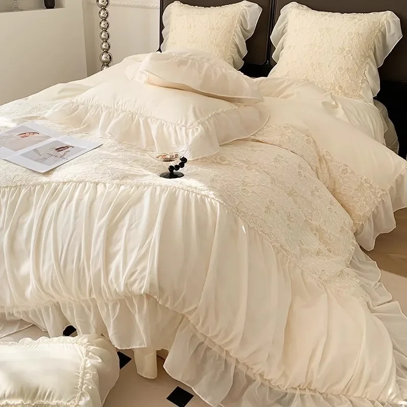 

Bedding Set Luxury Romantic French Wedding Lace Flower Ruffles Pure Cotton Duvet Cover Set Bed Sheet Amd Pillowcases Bed Sets