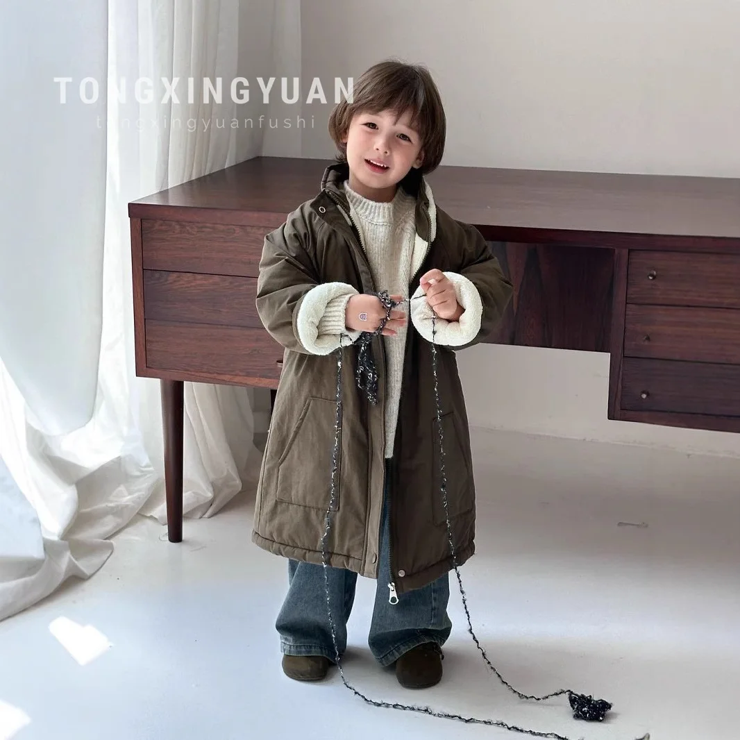 Korean Winter Children Girls Long Jacket Plus Velvet Thickened Solid Stand Collar Kids Girls Windbreaker Toddler Girls Parkas