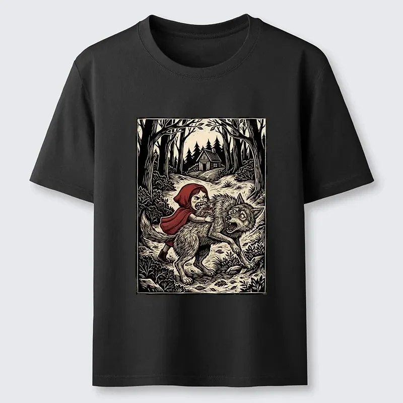 Summer New Limited Edition Fun Little Red Riding Hood Beats Big Bad Wolf Graphic T-shirt, Y2K Round Neck Casual Short Sleeve Tee