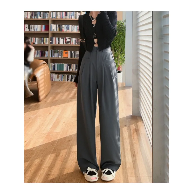 

Серые тонкие костюмные брюки, лето 2023, универсальные утягивающие повседневные брюки с высокой талией, элитные драпированные прямые брюки