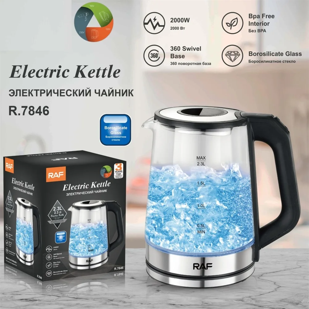 Bollitore elettrico in vetro da 2000W con spegnimento automatico 2.3L riscaldatore di acqua calda per teiera a riempimento rapido di grande capacità adatto