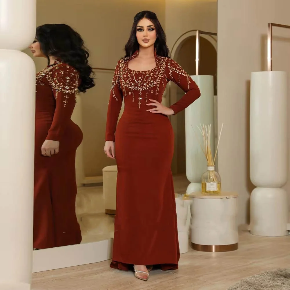 Customized Exquisite Beading Women Prom Dress Long Sleeve Charming Mermaid Party Dress Elegant Square Neck Women Evening Gown