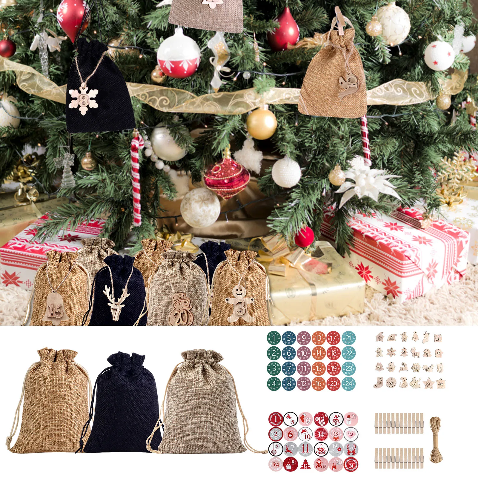 Christmas Advent Calendar Candy Gift Bag 24 Days Countdown Calendar Burlap Bags With Drawstring For Kids Xmas Home Decoration