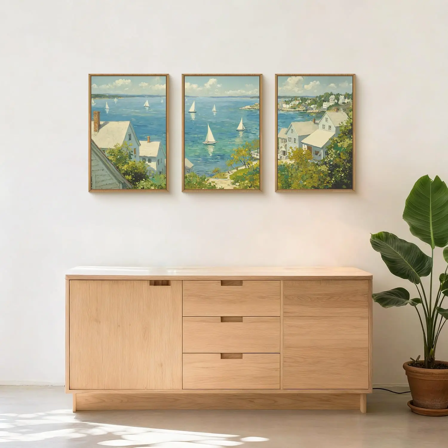 Juego de 3 Cuadros Decorativos de Lona con Diseño de Veleros Costeros, Vista al Mar de Verano, Decoración Náutica Azul Oceánico para Sala de Estar, Dormitorio, Comedor y Hogar