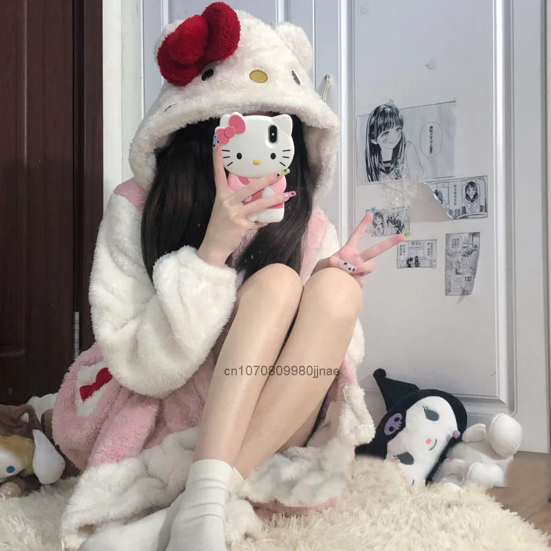 Sanrio Hello Kitty Plush Pajamas Y2k Girl Winter Cute Clothes Nightgown Thicked Soft Robe Women Coral Skirt Warm Home Coat