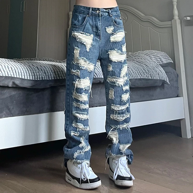 

Retro American High Street Distressed Denim Jeans Men's Women's Couple Spring Trendy Long Pants Casual Loose Straight Leg