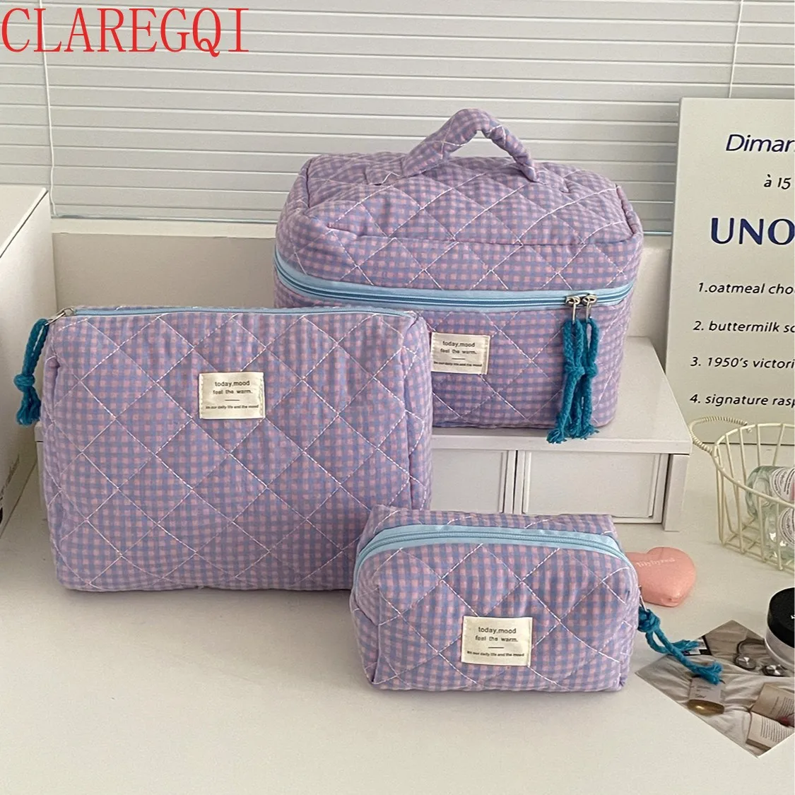 Large capacity travel toiletry bag Contrasting color plaid make up bag High quality quilting storage bag ThreepiecesetsuitCotton