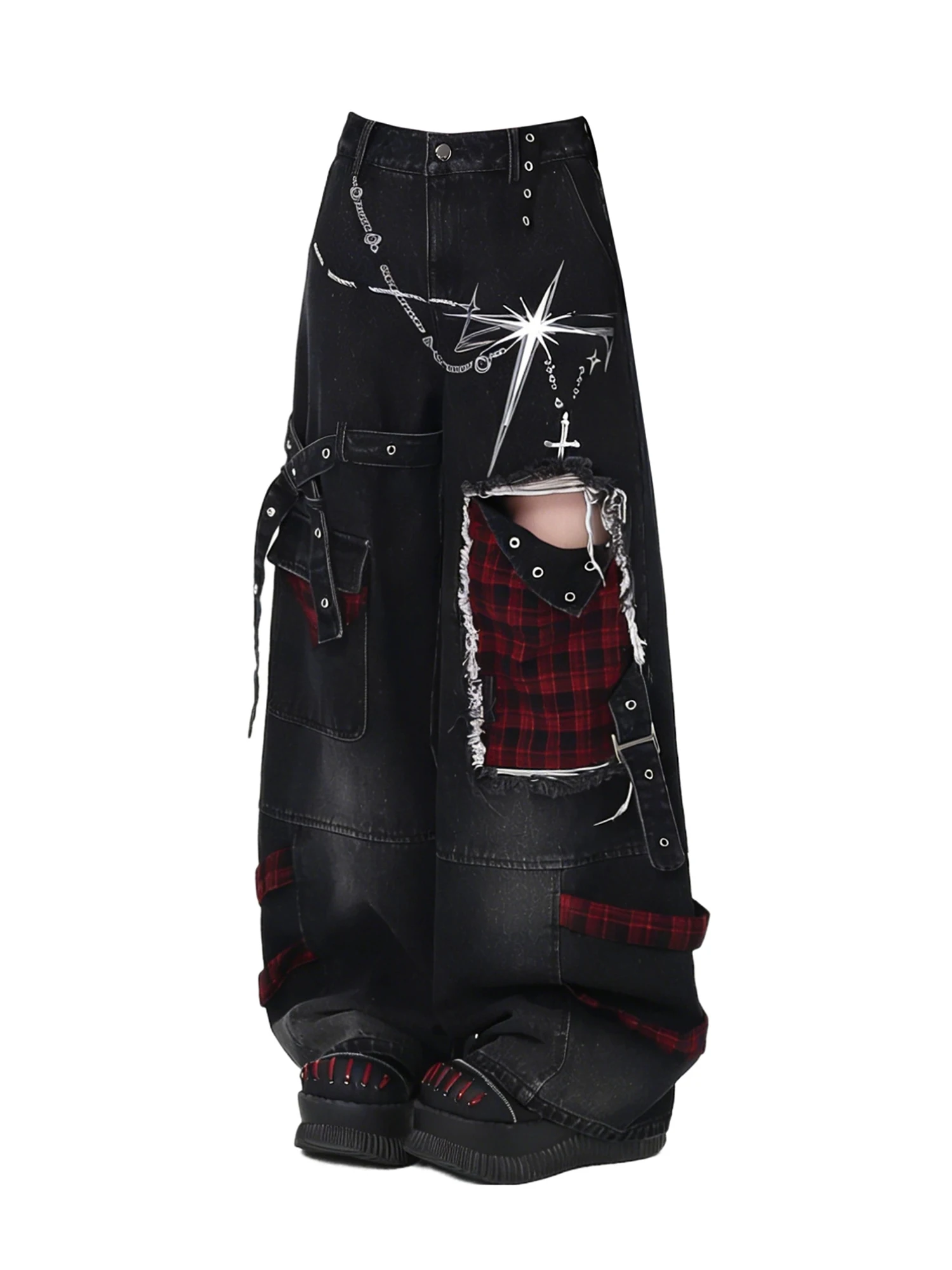 Women Black Gothic Emo Jeans Y2k Gyaru Punk Ripped Denim Pants Vintage Hiphop Grunge Baggy Denim Trousers for Women 2026 Summer