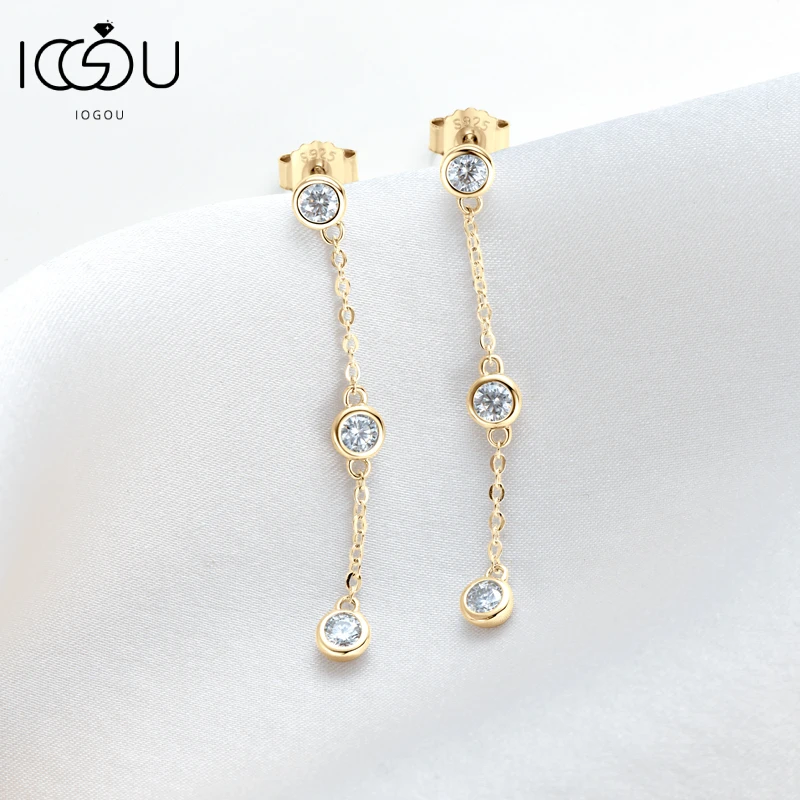 IOGOU Real 3mm D VVS1 Moissanite Long Drop Stud Earrings for Women 925 Silver Bezel Set Chain Tassel Earring Accessories Jewelry