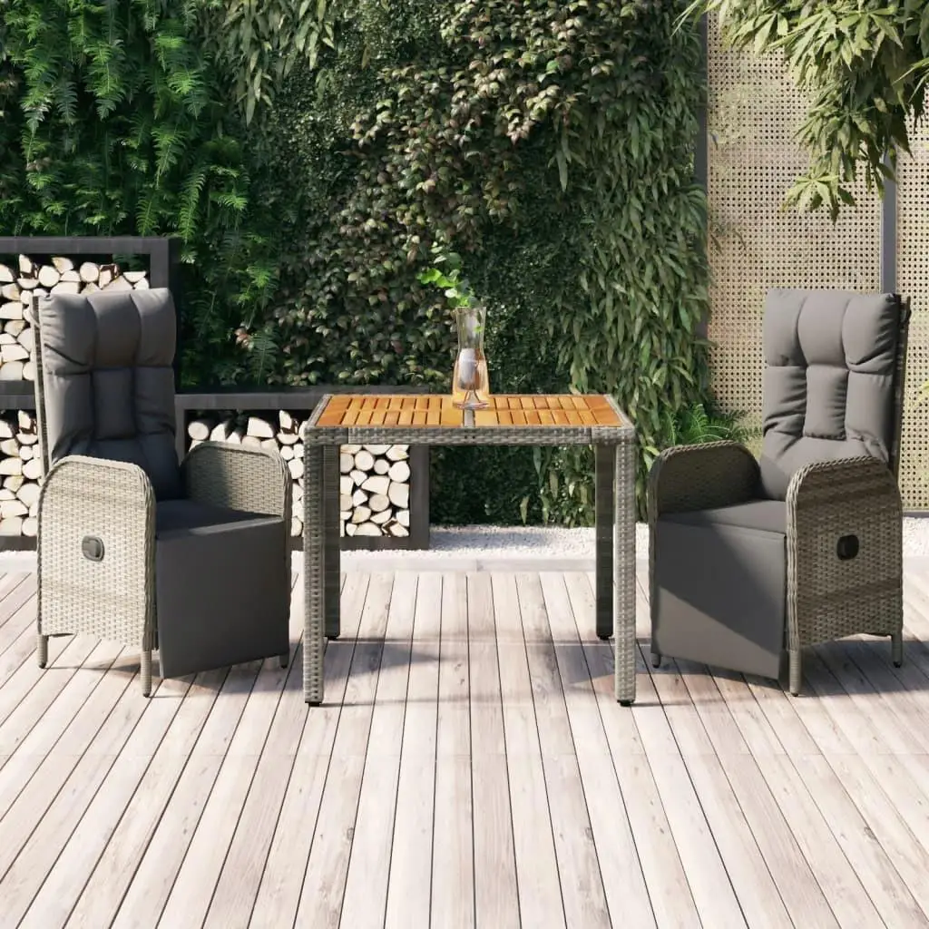 3-Piece Gray Poly Rattan Patio Dining Set with Cushions - Outdoor Furniture Set