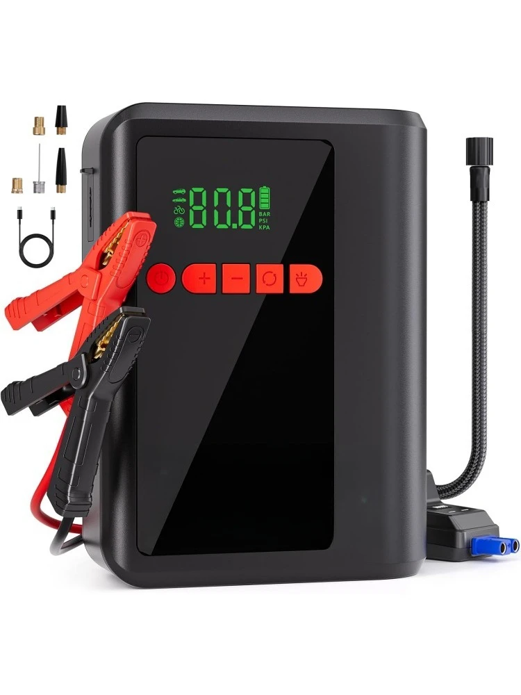 A2 8-in-1 Jump Starter مع ضاغط هواء، معزز بطارية السيارة 2500 أمبير (حتى 8 لتر غاز/6 لتر ديزل) 150 رطل لكل بوصة مربعة إيقاف تلقائي لاسلكي