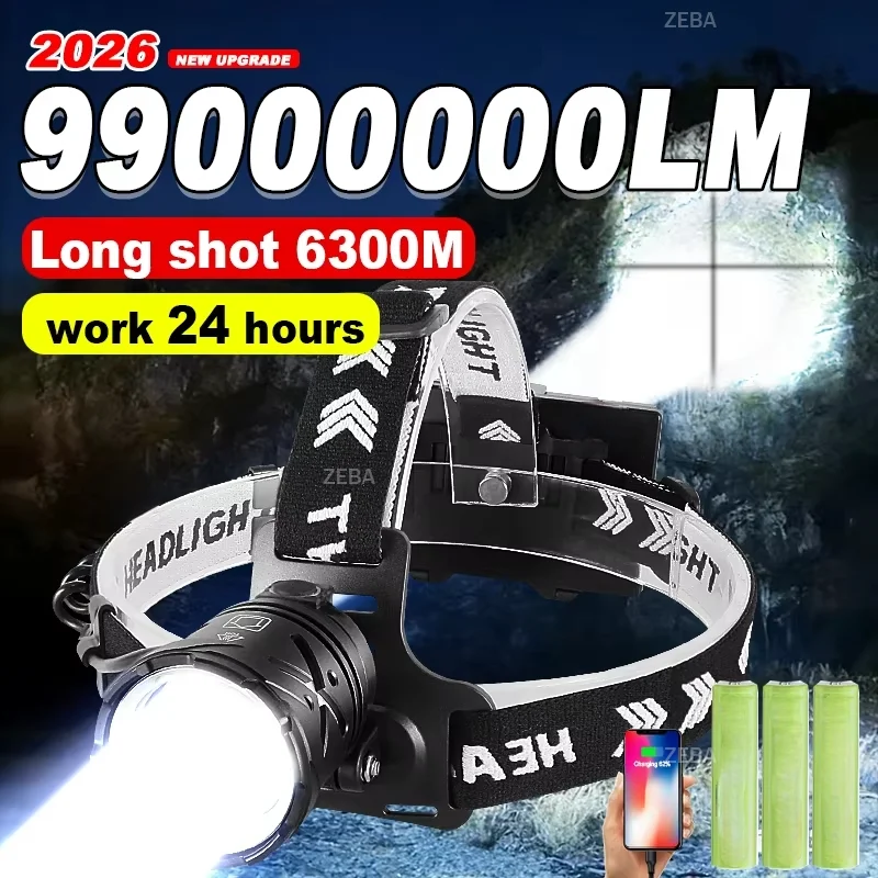 2026 New High Power Headlight 99000000LM Outdoor 800W LED Camping Work Hunting Lantern Super Bright Zoom Waterproof Headlamp
