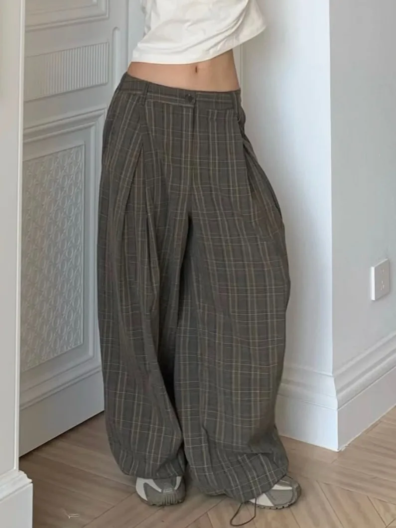 

Шикарные винтажные свободные повседневные брюки с высокой талией, женские плиссированные брюки в клетку, осенние новые удобные свободные широкие брюки
