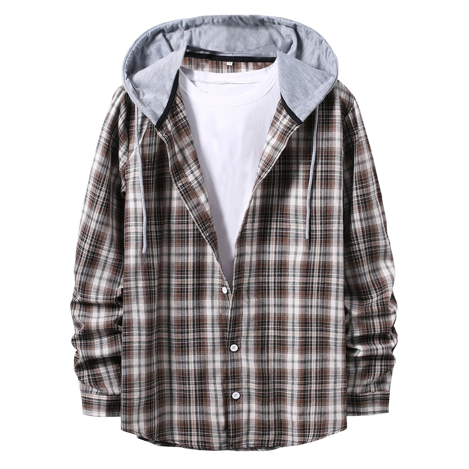 Men\'s Casual Plaid Print Shirt Long Sleeves Autumn Casual Hooded Single Breasted Coat Daily Loose Male Clothing