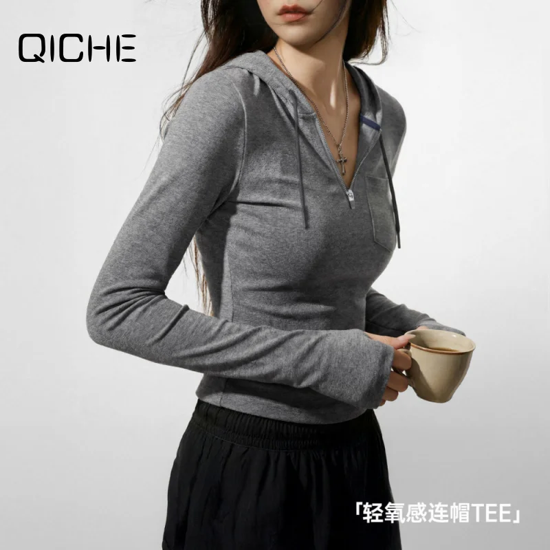 QICHE Women Grey V Neck Half Zip Hoodie Cropped Slim Long Sleeve T-shirt Spring Layering Casual Top