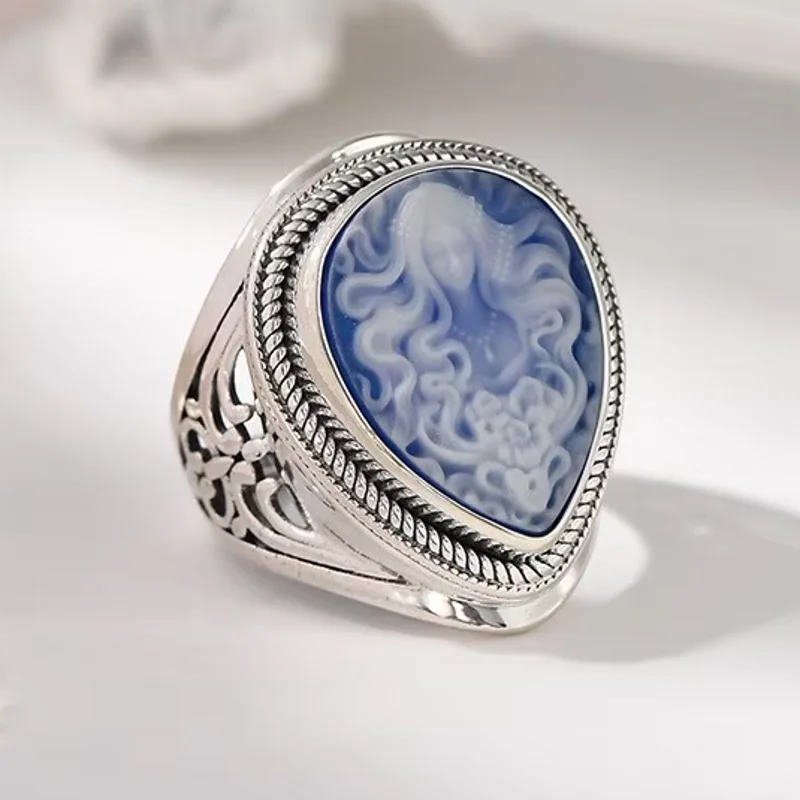 BOCAI S925 Sterling Silver Charms Rings for Women New Fashion Ancient Beauty God Waterdrop Shaped Shell Agate Relief Jewelry