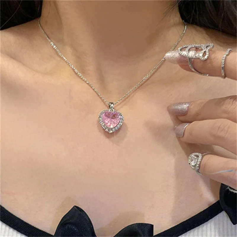 UILZ Sweet Pink Crystal Heart Shaped Pendant Necklaces Zircon Stone Chain Necklace for Women Chic Party Birthday Jewelry Gifts